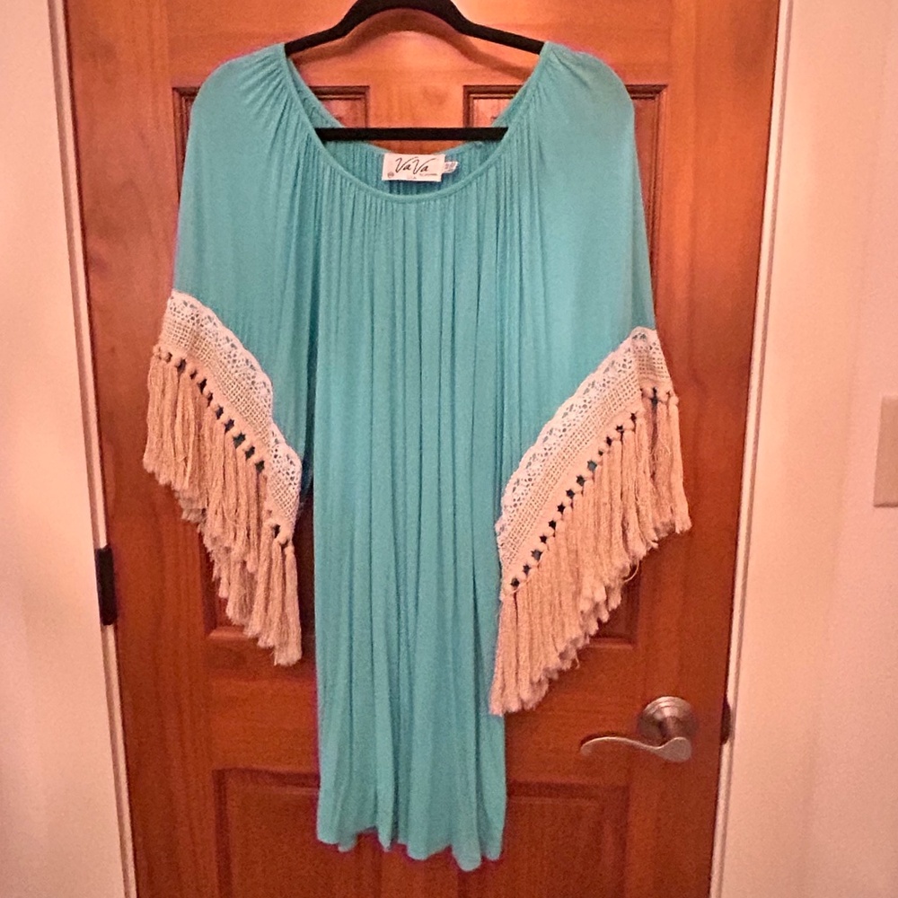 Va Va Voom Dress Turquoise With Fringe Sleeves Women’s XS